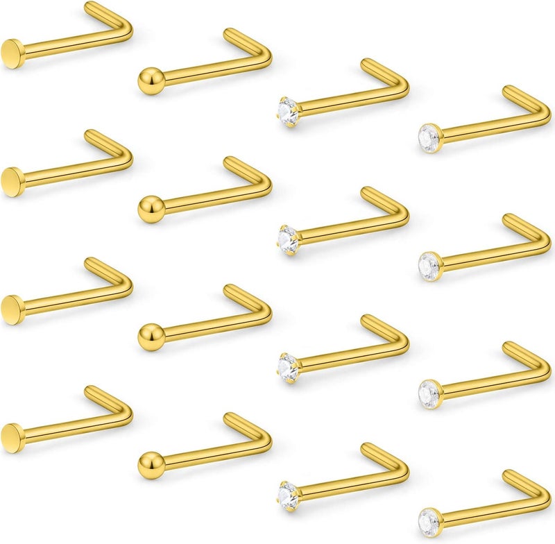 Hoeudjo Nose Studs Surgical Steel Cubic Zirconia Nose Rings Kit for Women Men 2mm Nose Stud Screw & Bone & L Shaped Nostril Rings Piercing Jewelry 22 Gauge 16 Pieces - Image 1